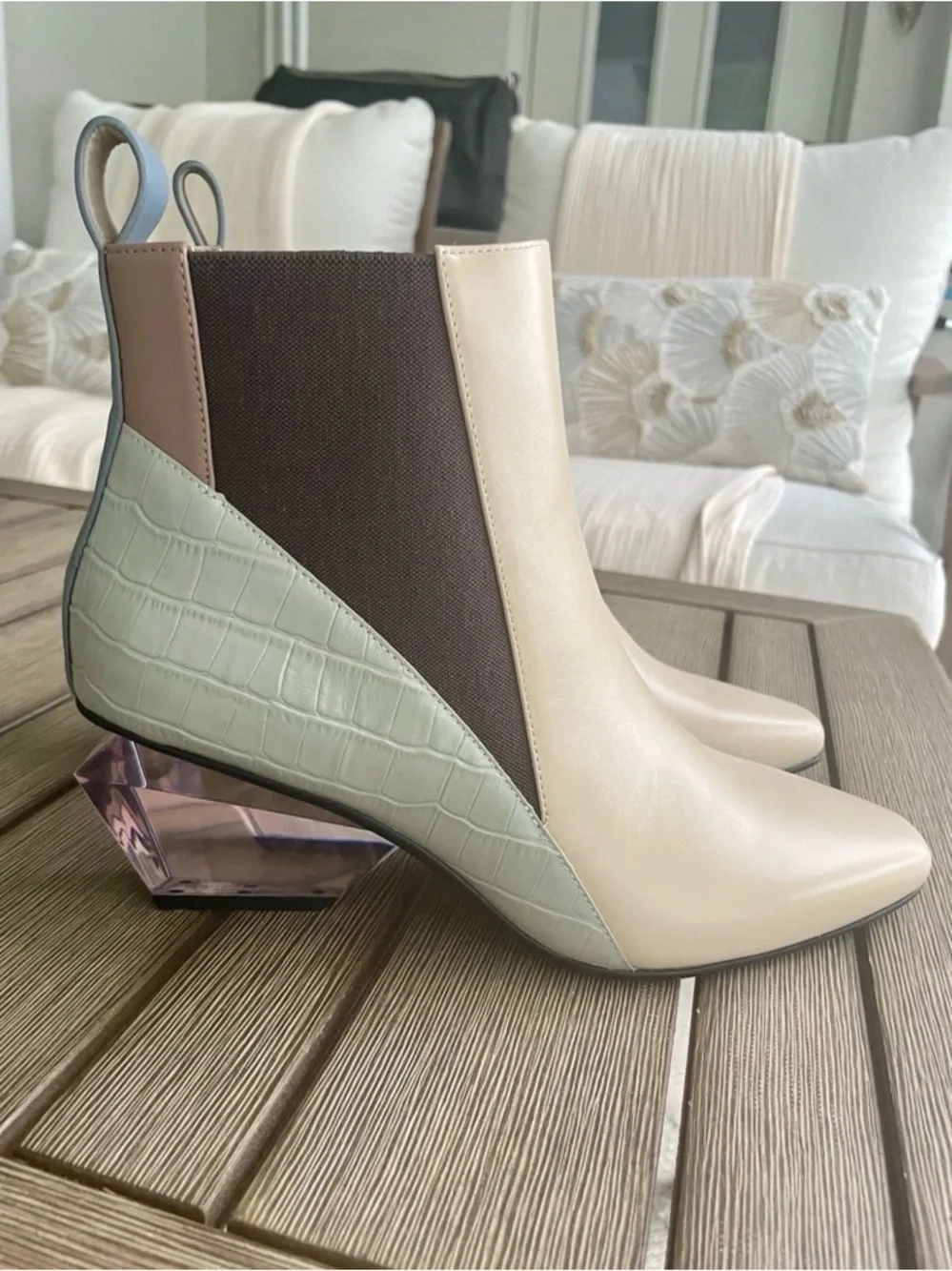 United Nude Jacky K Boots 39/8.5 Architectural Geometric Crystal Heel Leather
